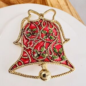 Vintage Danecraft Brooch Gold Tone Red Plique-A-Jour Style Bell Christmas 1256